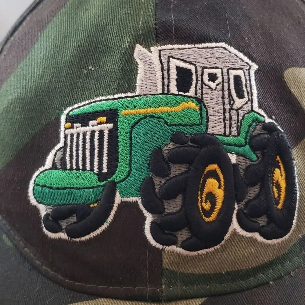 Boys Ocean Blue Adjustable Baseball Cap with Camo Background, Tractor Theme